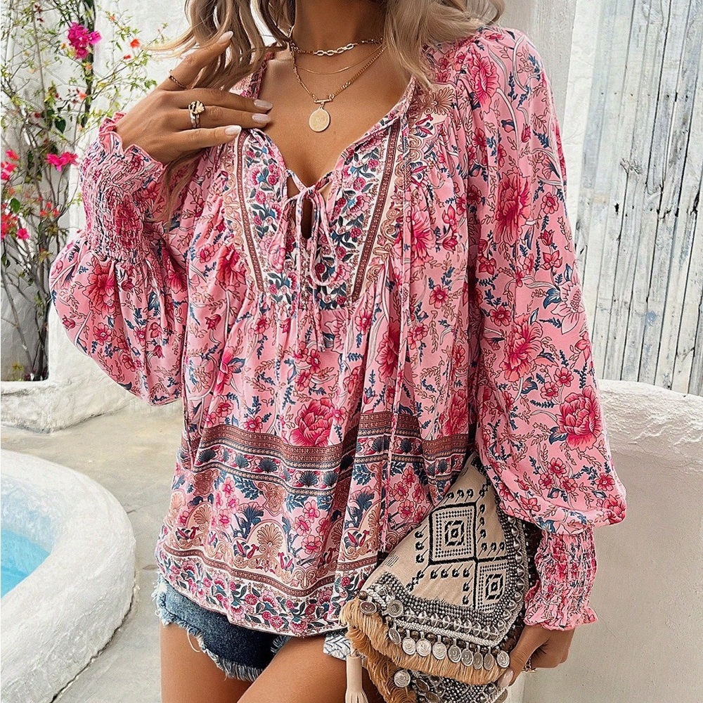 Boho Floral Print Tie Neck Lantern Sleeve Blouse
